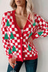 Checkerboard Tree Intarsia Button Front V Neck Drop Shoulder Cardigan
